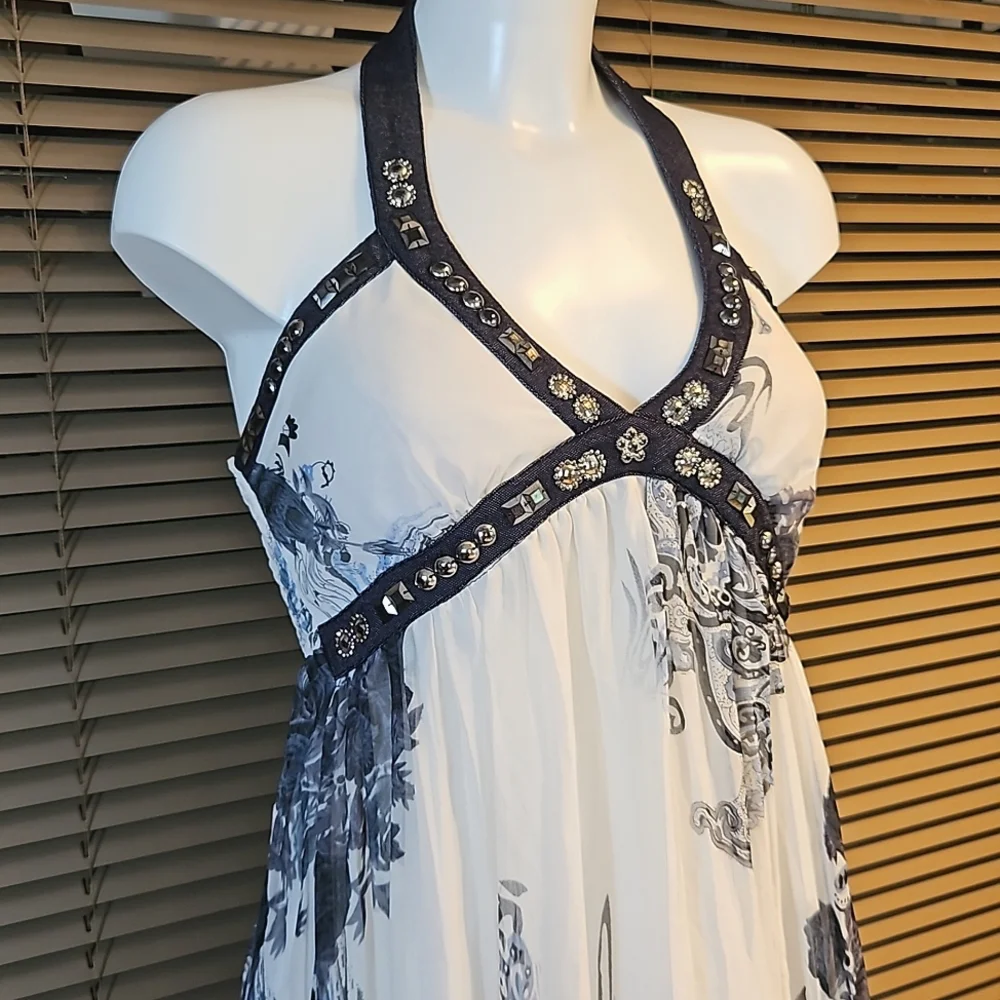 Versace style full-length maxi summer dress gown halterneck elasticated back - Picture 3 of 16